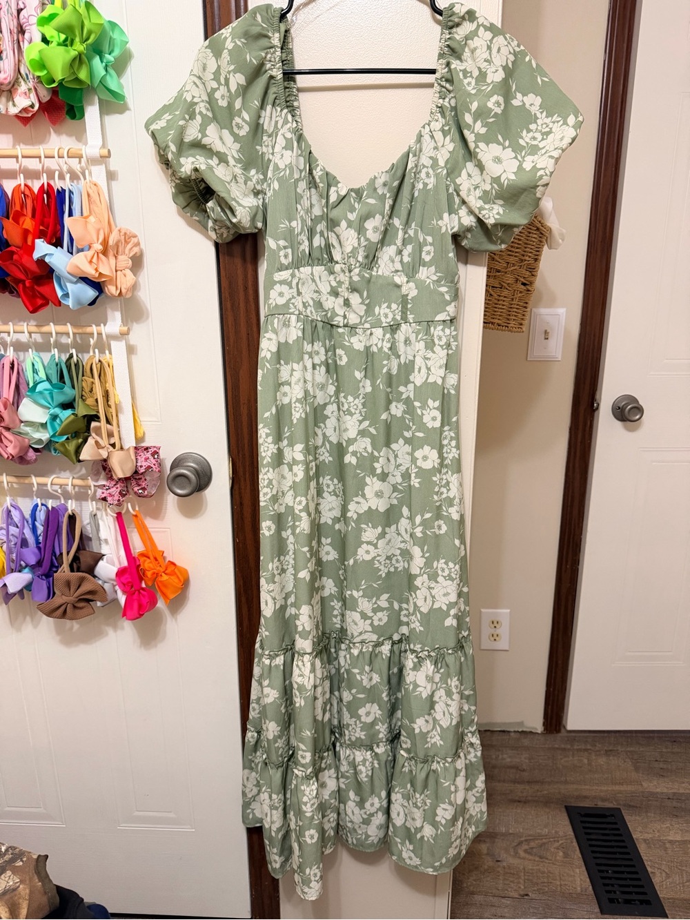 Inspired Hearts Sage Green Floral Maxi Dress with Puff Sleeves